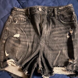 High Waist Distressed Charcoal Denim Shorts